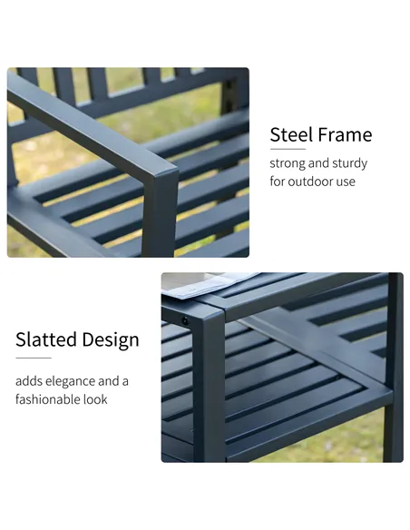 Outsunny 2 Seat Garden Chair Bench Loveseats Jack and Jill Seat w/Coffee Table Slatted Design Patio Yard