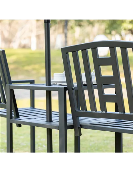 Outsunny 2 Seat Garden Chair Bench Loveseats Jack and Jill Seat w/Coffee Table Slatted Design Patio Yard