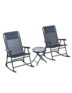 Outsunny 3 Piece Outdoor Rocking Set with 2 Folding Chairs and 1 Tempered Glass Table, Patio Bistro Set for Garden, Deck, Grey