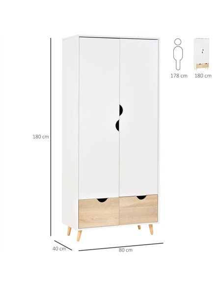 HOMCOM 2-Door Clothes Wardrobe w/ Rail Shelf 2 Drawers Wood Feet Elegant Home Storage Organisation Furniture Dresses Coats Blank