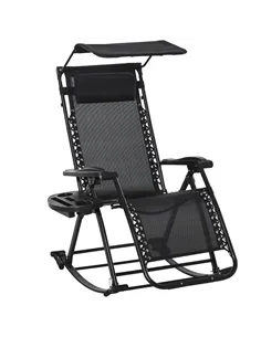 Outsunny Garden Rocking Chair Folding Recliner Outdoor Adjustable Sun Lounger Rocker Zero-Gravity Seat with Headrest Side Holder