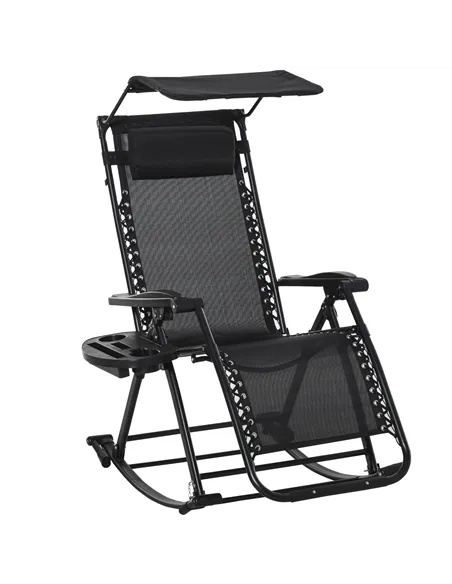 Outsunny Garden Rocking Chair Folding Recliner Outdoor Adjustable Sun Lounger Rocker Zero-Gravity Seat with Headrest Side Holder