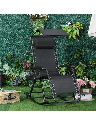 Outsunny Garden Rocking Chair Folding Recliner Outdoor Adjustable Sun Lounger Rocker Zero-Gravity Seat with Headrest Side Holder