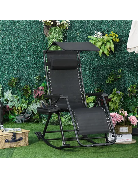 Outsunny Garden Rocking Chair Folding Recliner Outdoor Adjustable Sun Lounger Rocker Zero-Gravity Seat with Headrest Side Holder