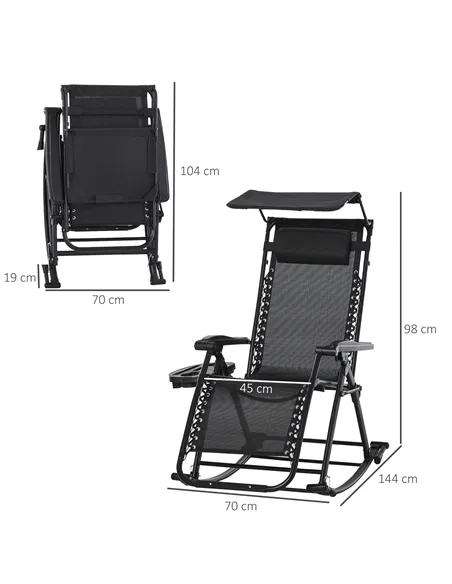 Outsunny Garden Rocking Chair Folding Recliner Outdoor Adjustable Sun Lounger Rocker Zero-Gravity Seat with Headrest Side Holder