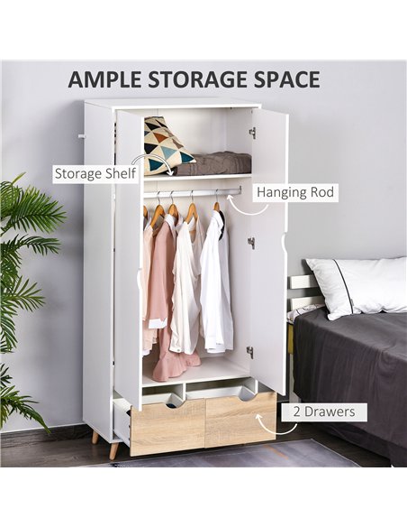 HOMCOM 2-Door Clothes Wardrobe w/ Rail Shelf 2 Drawers Wood Feet Elegant Home Storage Organisation Furniture Dresses Coats Blank