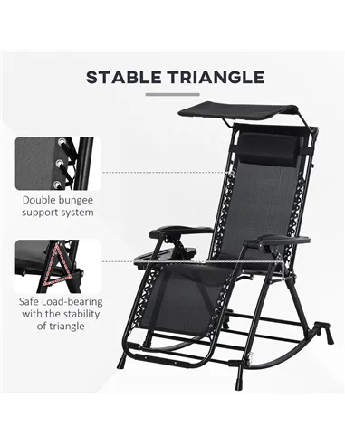 Outsunny Garden Rocking Chair Folding Recliner Outdoor Adjustable Sun Lounger Rocker Zero-Gravity Seat with Headrest Side Holder