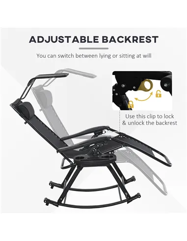 Outsunny Garden Rocking Chair Folding Recliner Outdoor Adjustable Sun Lounger Rocker Zero-Gravity Seat with Headrest Side Holder