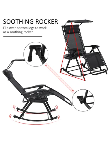 Outsunny Garden Rocking Chair Folding Recliner Outdoor Adjustable Sun Lounger Rocker Zero-Gravity Seat with Headrest Side Holder