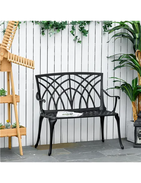 Outsunny 2-Seater Cast Aluminium Garden Bench Loveseat Outdoor Furniture Chair w/ Decorative Backrest & Ergonomic Armrest for Pa