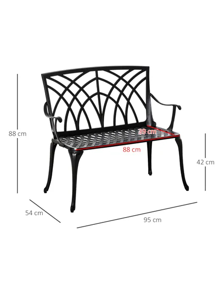 Outsunny 2-Seater Cast Aluminium Garden Bench Loveseat Outdoor Furniture Chair w/ Decorative Backrest & Ergonomic Armrest for Pa