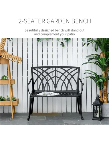 Outsunny 2-Seater Cast Aluminium Garden Bench Loveseat Outdoor Furniture Chair w/ Decorative Backrest & Ergonomic Armrest for Pa