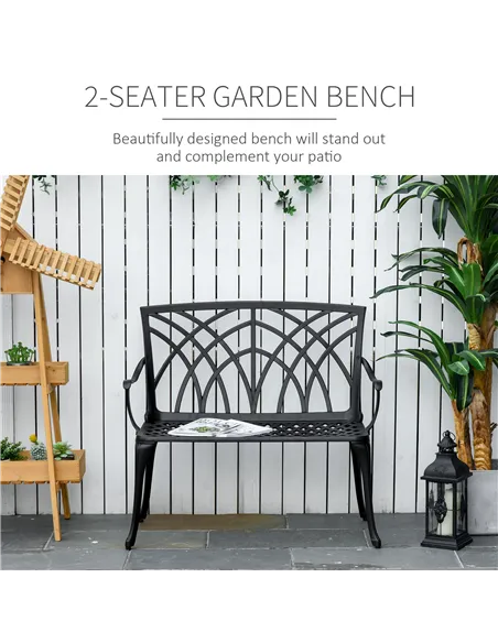 Outsunny 2-Seater Cast Aluminium Garden Bench Loveseat Outdoor Furniture Chair w/ Decorative Backrest & Ergonomic Armrest for Pa