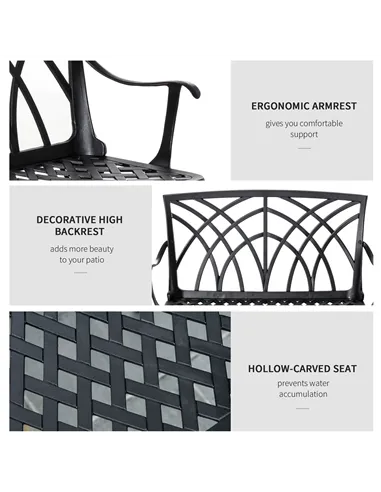 Outsunny 2-Seater Cast Aluminium Garden Bench Loveseat Outdoor Furniture Chair w/ Decorative Backrest & Ergonomic Armrest for Pa