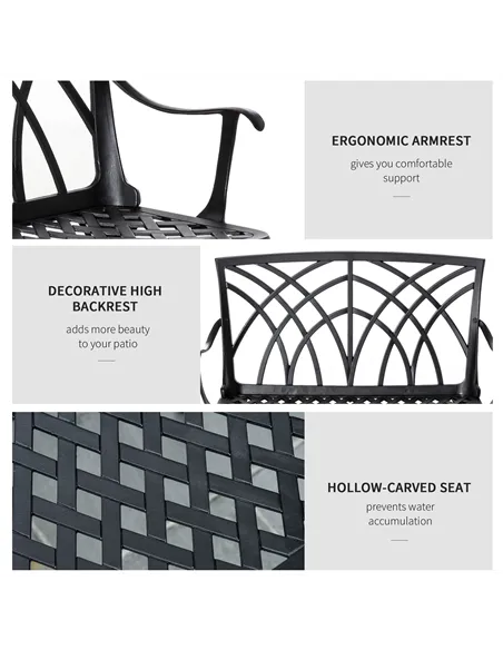 Outsunny 2-Seater Cast Aluminium Garden Bench Loveseat Outdoor Furniture Chair w/ Decorative Backrest & Ergonomic Armrest for Pa