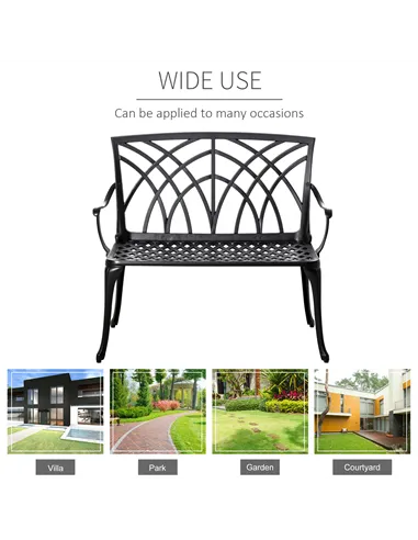 Outsunny 2-Seater Cast Aluminium Garden Bench Loveseat Outdoor Furniture Chair w/ Decorative Backrest & Ergonomic Armrest for Pa