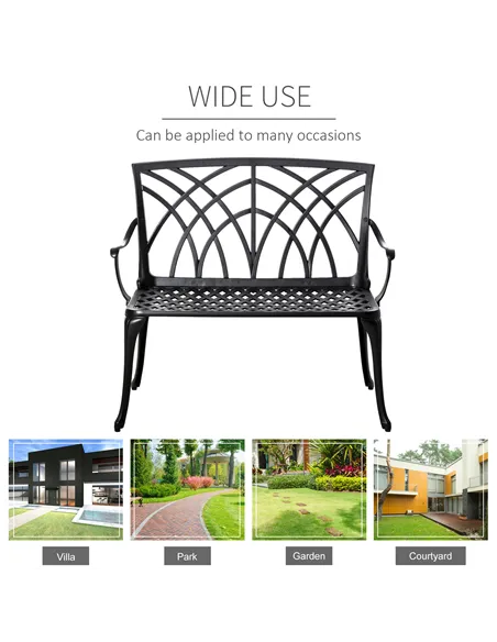 Outsunny 2-Seater Cast Aluminium Garden Bench Loveseat Outdoor Furniture Chair w/ Decorative Backrest & Ergonomic Armrest for Pa