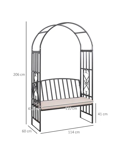 Outsunny Metal Frame Bench W/Arch, 114Lx60Wx206H cm-Grey