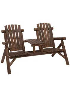 Outsunny Wood Patio Chair Bench 2 Seats Jack and Jill Seat w/ Center Coffee Table, Garden Bench, Carbonized