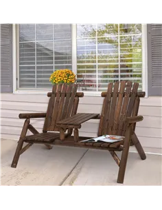 Outsunny Wood Patio Chair Bench 2 Seats Jack and Jill Seat w/ Center Coffee Table, Garden Bench, Carbonized 2