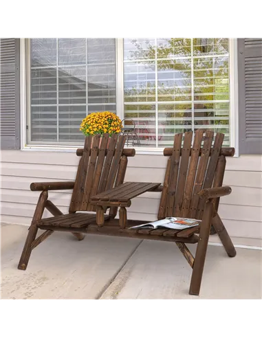 Outsunny Wood Patio Chair Bench 2 Seats Jack and Jill Seat w/ Center Coffee Table, Garden Bench, Carbonized
