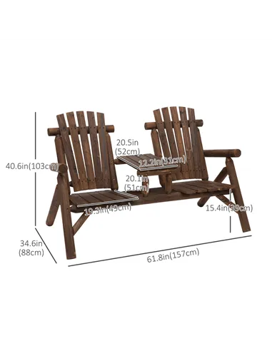 Outsunny Wood Patio Chair Bench 2 Seats Jack and Jill Seat w/ Center Coffee Table, Garden Bench, Carbonized