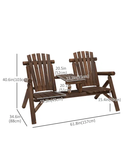 Outsunny Wood Patio Chair Bench 2 Seats Jack and Jill Seat w/ Center Coffee Table, Garden Bench, Carbonized