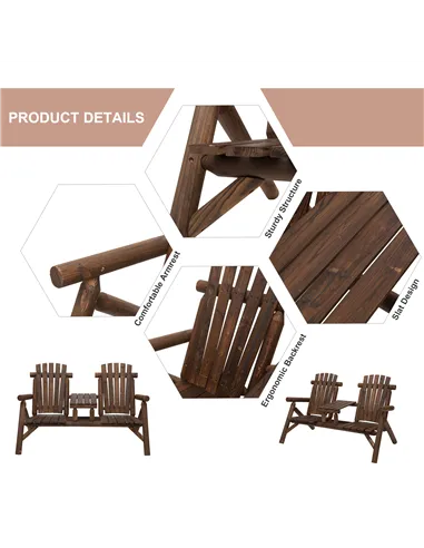 Outsunny Wood Patio Chair Bench 2 Seats Jack and Jill Seat w/ Center Coffee Table, Garden Bench, Carbonized