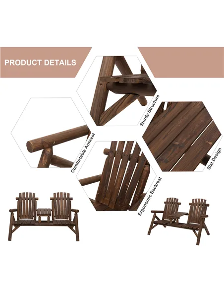 Outsunny Wood Patio Chair Bench 2 Seats Jack and Jill Seat w/ Center Coffee Table, Garden Bench, Carbonized