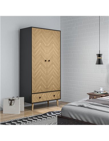 HOMCOM Modern Wardrobe Cabinet Wood Grain Sticker Surface with Shelf, Hanging Rod and 2 Drawers 90x50x190cm