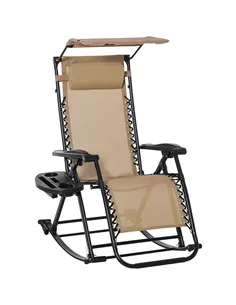 Outsunny Garden Rocking Chair Folding Recliner Outdoor Adjustable Sun Lounger Rocker Zero-Gravity Seat with Headrest Side Holder