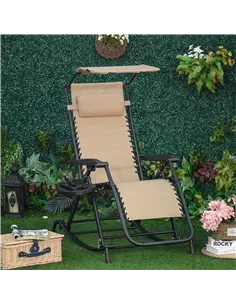 Outsunny Garden Rocking Chair Folding Recliner Outdoor Adjustable Sun Lounger Rocker Zero-Gravity Seat with Headrest Side Holder 2