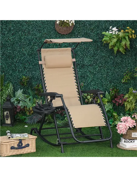 Outsunny Garden Rocking Chair Folding Recliner Outdoor Adjustable Sun Lounger Rocker Zero-Gravity Seat with Headrest Side Holder