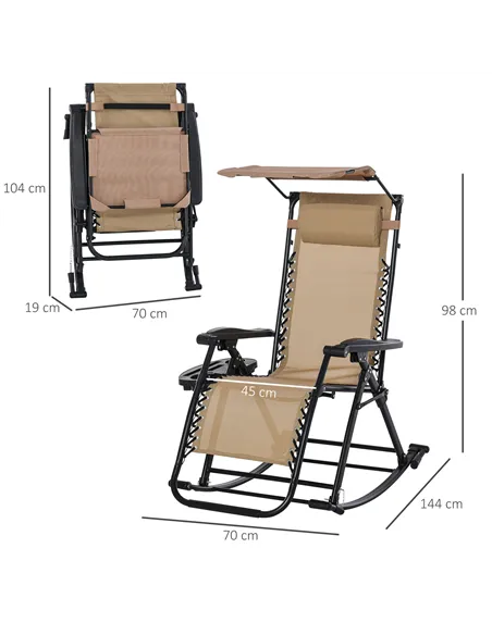 Outsunny Garden Rocking Chair Folding Recliner Outdoor Adjustable Sun Lounger Rocker Zero-Gravity Seat with Headrest Side Holder