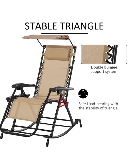 Outsunny Garden Rocking Chair Folding Recliner Outdoor Adjustable Sun Lounger Rocker Zero-Gravity Seat with Headrest Side Holder