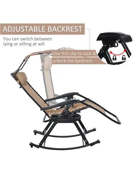 Outsunny Garden Rocking Chair Folding Recliner Outdoor Adjustable Sun Lounger Rocker Zero-Gravity Seat with Headrest Side Holder