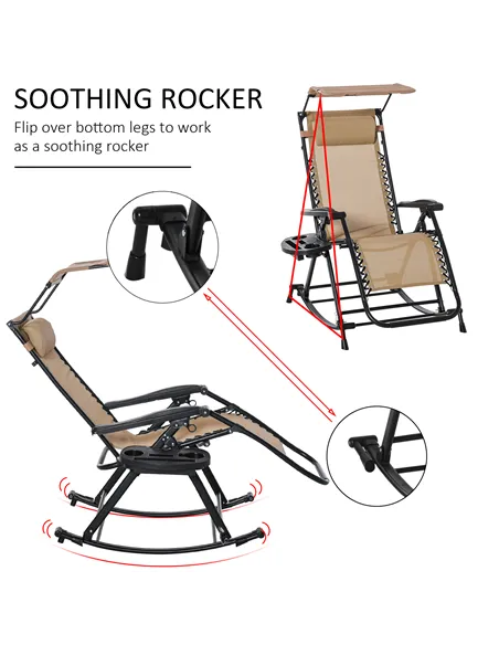 Outsunny Garden Rocking Chair Folding Recliner Outdoor Adjustable Sun Lounger Rocker Zero-Gravity Seat with Headrest Side Holder