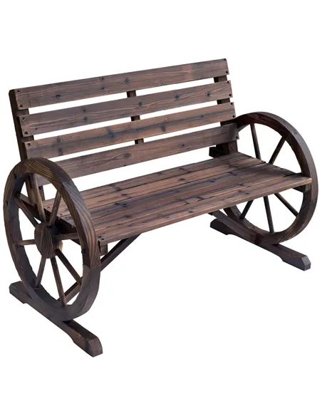 Outsunny 2 Seater Garden Bench with Wooden Cart Wagon Wheel Rustic High Back Brown