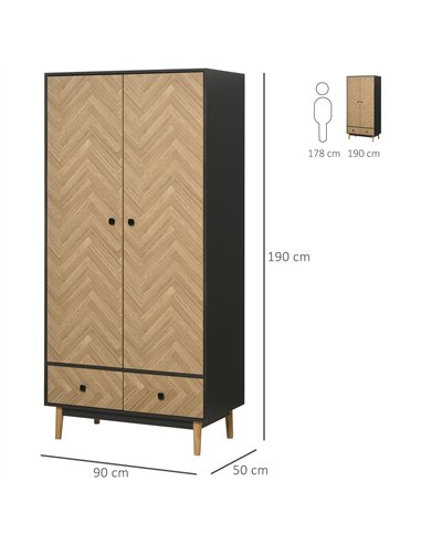 HOMCOM Modern Wardrobe Cabinet Wood Grain Sticker Surface with Shelf, Hanging Rod and 2 Drawers 90x50x190cm