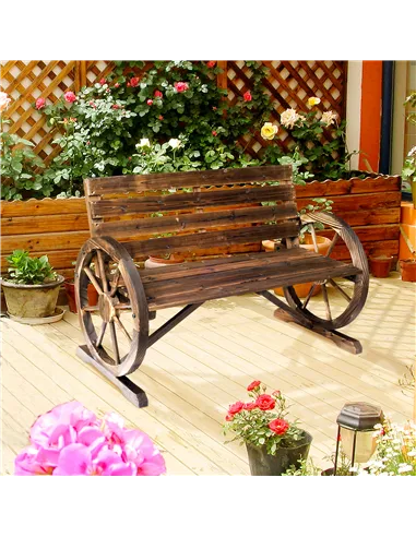 Outsunny 2 Seater Garden Bench with Wooden Cart Wagon Wheel Rustic High Back Brown
