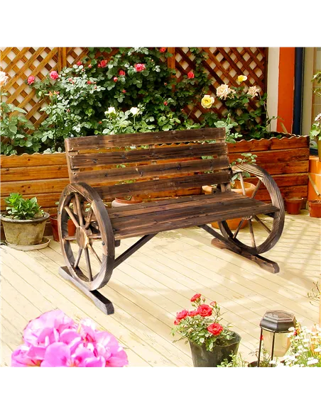 Outsunny 2 Seater Garden Bench with Wooden Cart Wagon Wheel Rustic High Back Brown