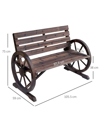 Outsunny 2 Seater Garden Bench with Wooden Cart Wagon Wheel Rustic High Back Brown