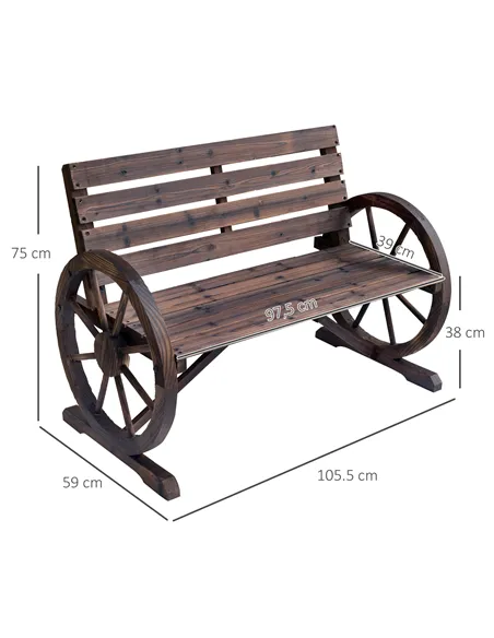 Outsunny 2 Seater Garden Bench with Wooden Cart Wagon Wheel Rustic High Back Brown