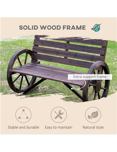 Outsunny 2 Seater Garden Bench with Wooden Cart Wagon Wheel Rustic High Back Brown