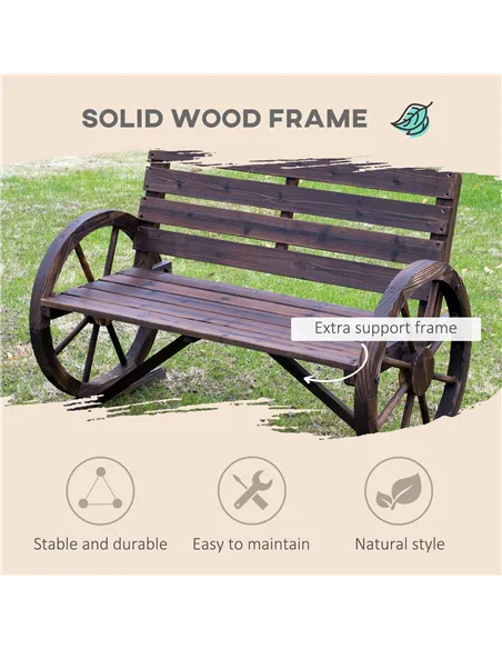 Outsunny 2 Seater Garden Bench with Wooden Cart Wagon Wheel Rustic High Back Brown