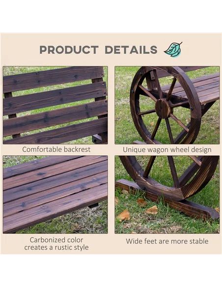 Outsunny 2 Seater Garden Bench with Wooden Cart Wagon Wheel Rustic High Back Brown