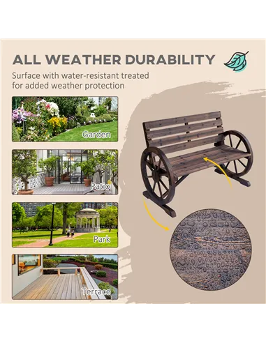 Outsunny 2 Seater Garden Bench with Wooden Cart Wagon Wheel Rustic High Back Brown