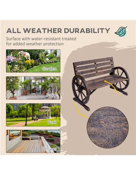 Outsunny 2 Seater Garden Bench with Wooden Cart Wagon Wheel Rustic High Back Brown