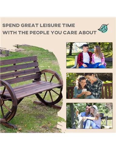 Outsunny 2 Seater Garden Bench with Wooden Cart Wagon Wheel Rustic High Back Brown