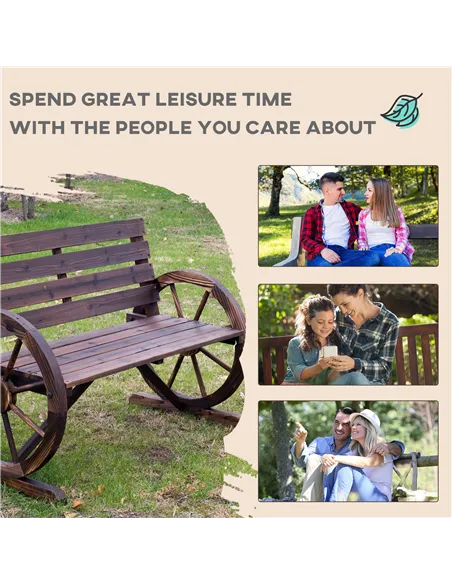 Outsunny 2 Seater Garden Bench with Wooden Cart Wagon Wheel Rustic High Back Brown